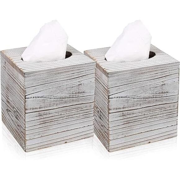 White Barnwood Tissue Box Cover: 2 Pack Tissue Box Holder Includes Slide-Out - Picture 8 of 16
